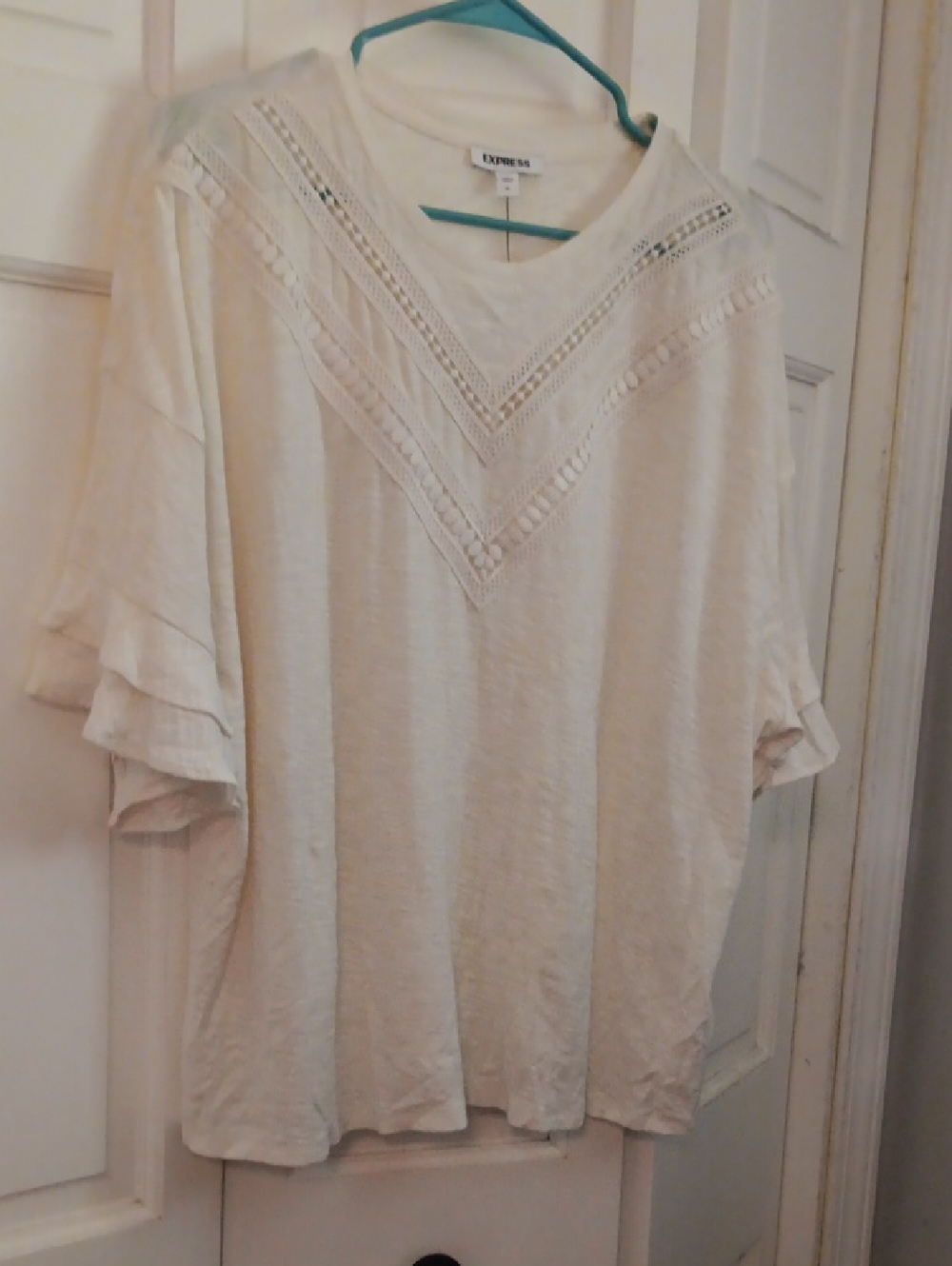 Express Cream Color V-Crochet Short Sleeve Tunic